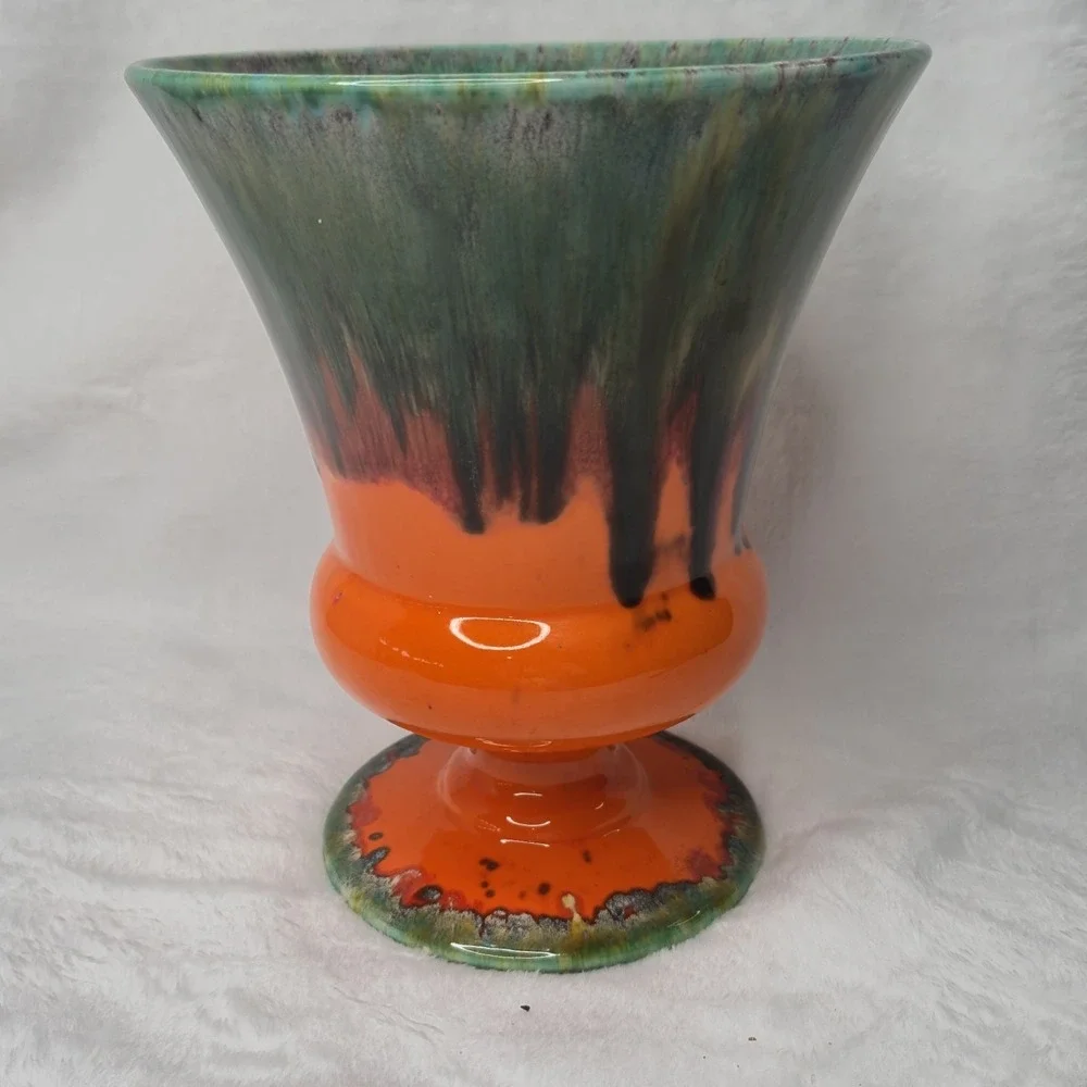 Lane & Co Pottery Vase 1961 MCM Orange Green Drip Glaze Psychedelic Vintage 7.5